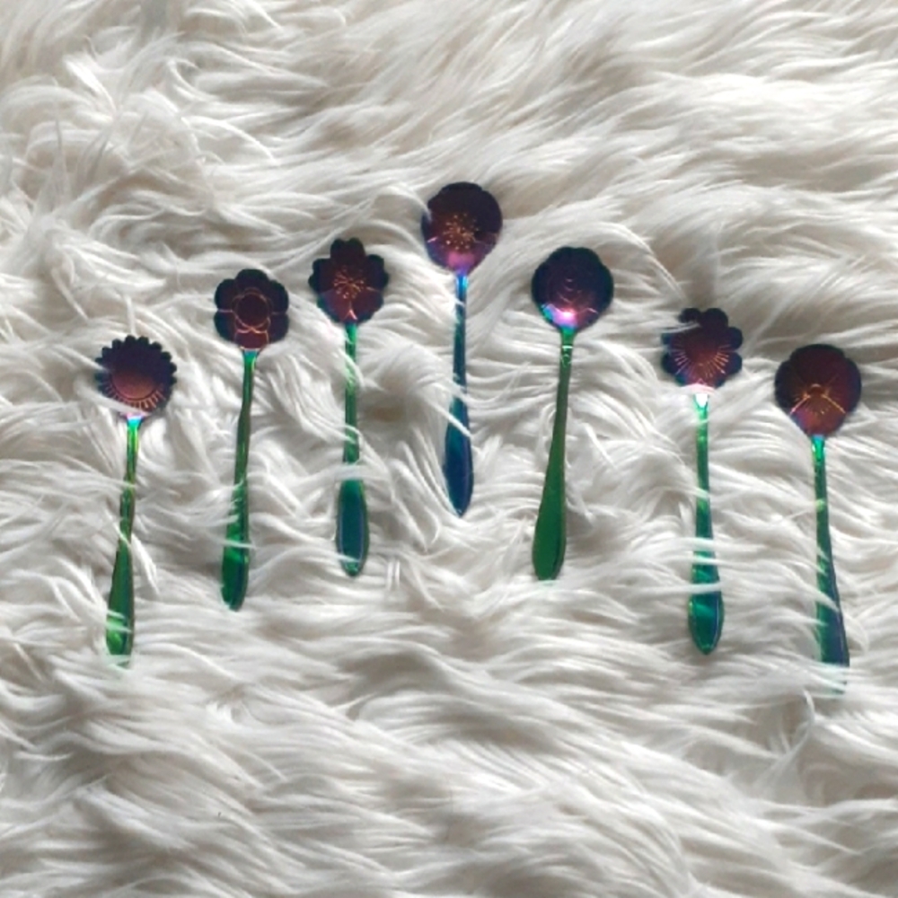 Set of 7 Rainbow Iridescent Stainless Steel Tea Coffee Assorted Flower Spoons